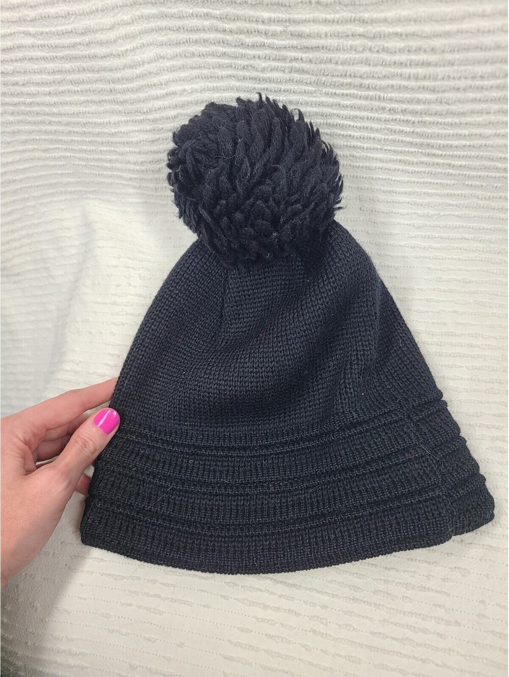 Vtg Black Knit Hat Giant PomPom Wool Blend USA Made 70s 80s Rib Beanie Womens M